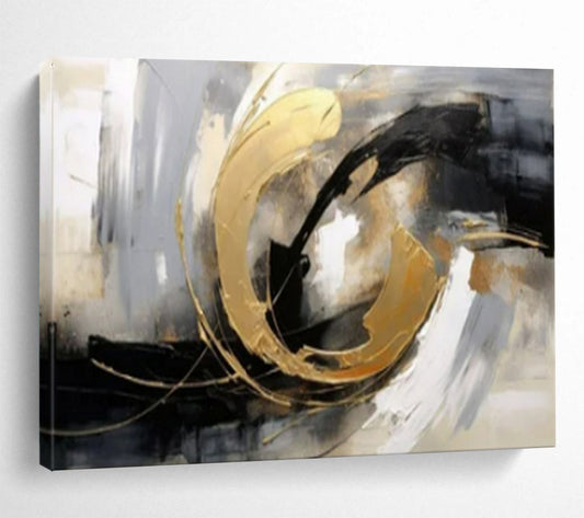 “Gold - Black Swirl Dynamics” - Blacks, whites, golds; bold, swirling abstraction with metallic accents CT1627
