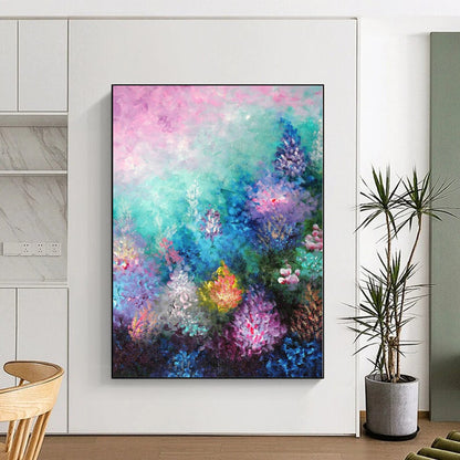 “Dreamy Flower Garden” - Abstract Art with Pink, Blue, Purple, Yellow, Green CT0065