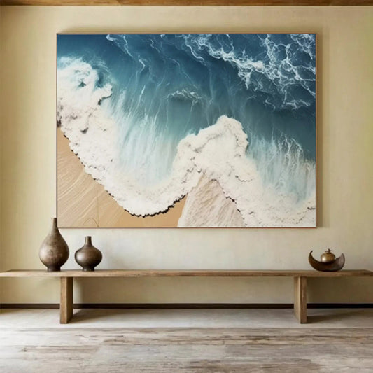 “Aerial Beach Waves” - Hues of blue, white, beige; aerial view of waves lapping against a sandy beach CT1549