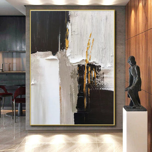 “Black - White - Gold Textured Abstraction” - Abstract Expressionist Art CT0497