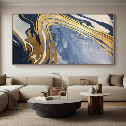 “Gold - Streaked Blue Swirls”，Marble - Inspired Abstract Resin Art CT0564