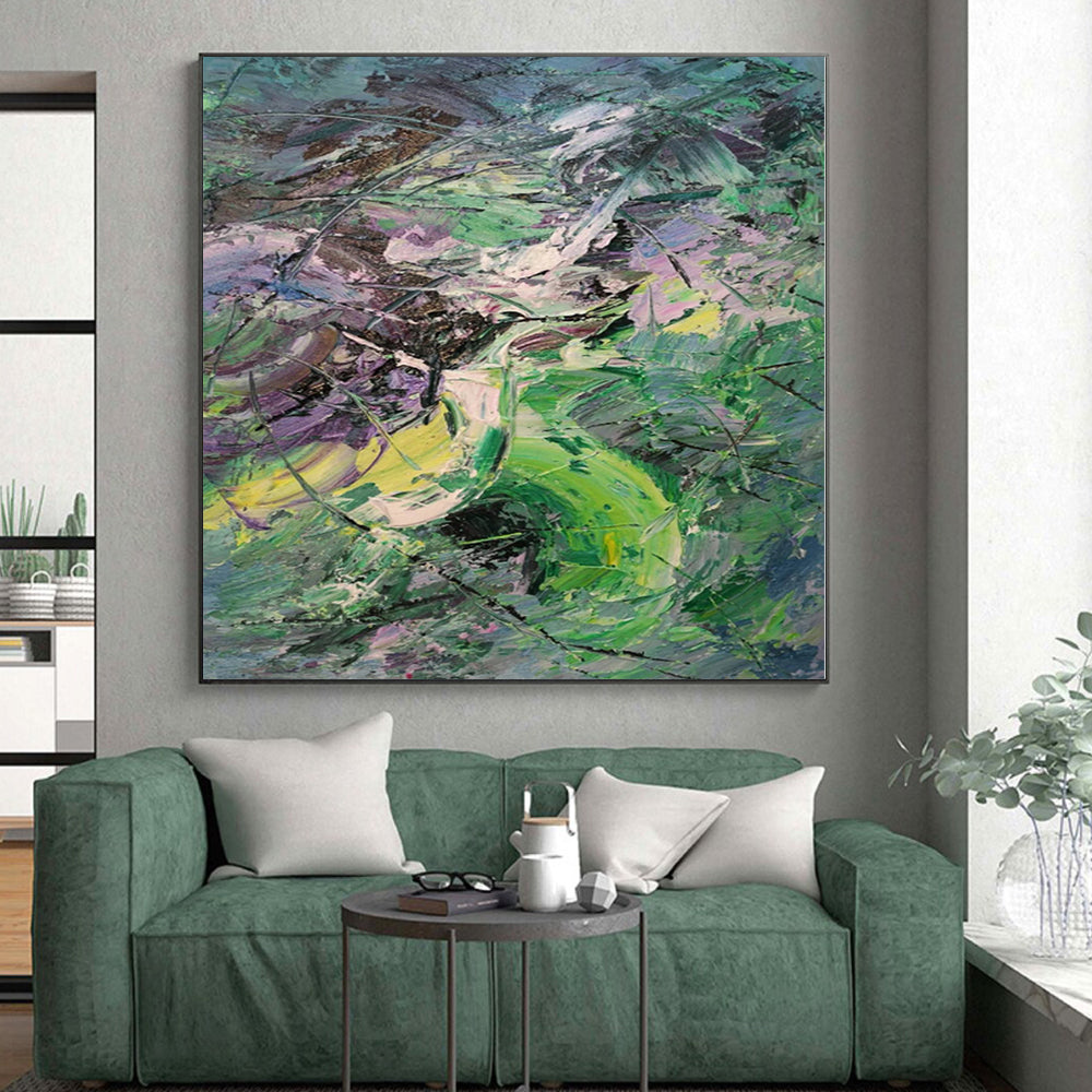 “Vibrant Green - Purple Abstract Chaos”，Expressionist Abstract Painting CT0353