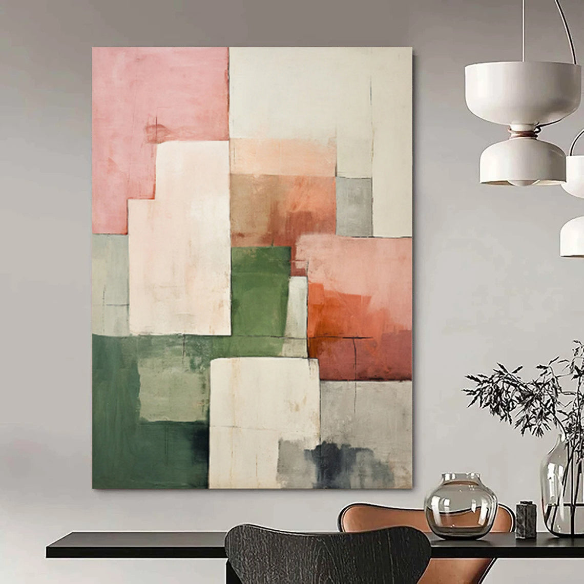 “Pink - Green - Gray Geometric Blocks” Modernist Acrylic Art CT0191