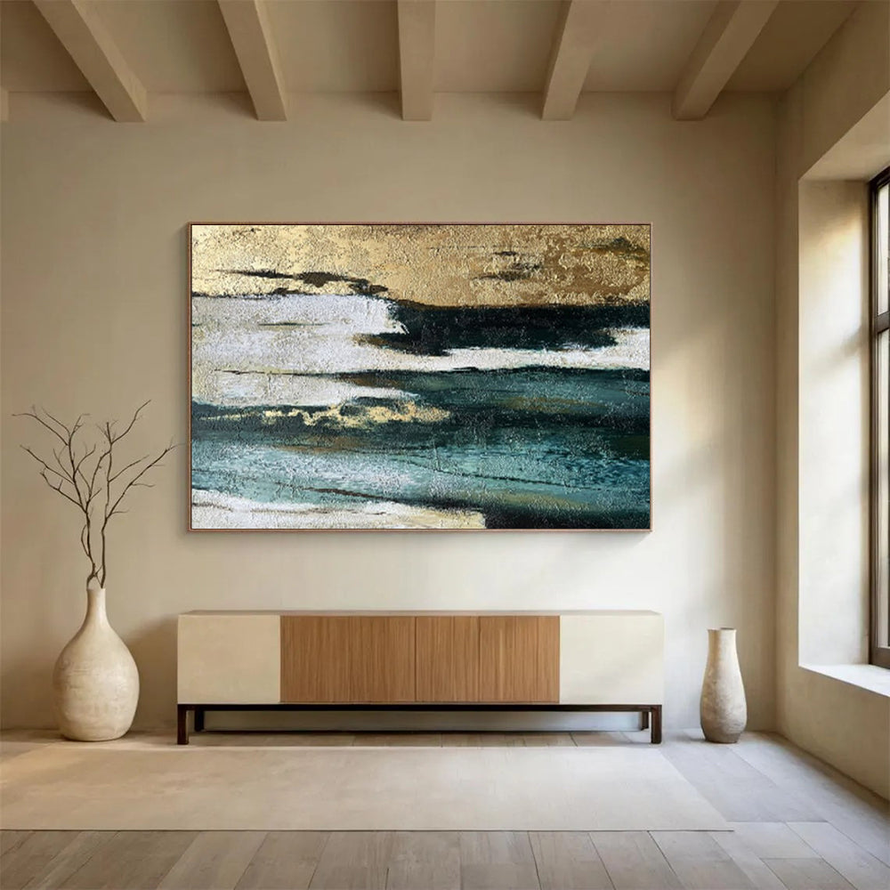 “Gold - Teal Textured Layers” - Teals, golds, whites; layered, textured abstraction with metallic highlights CT1633