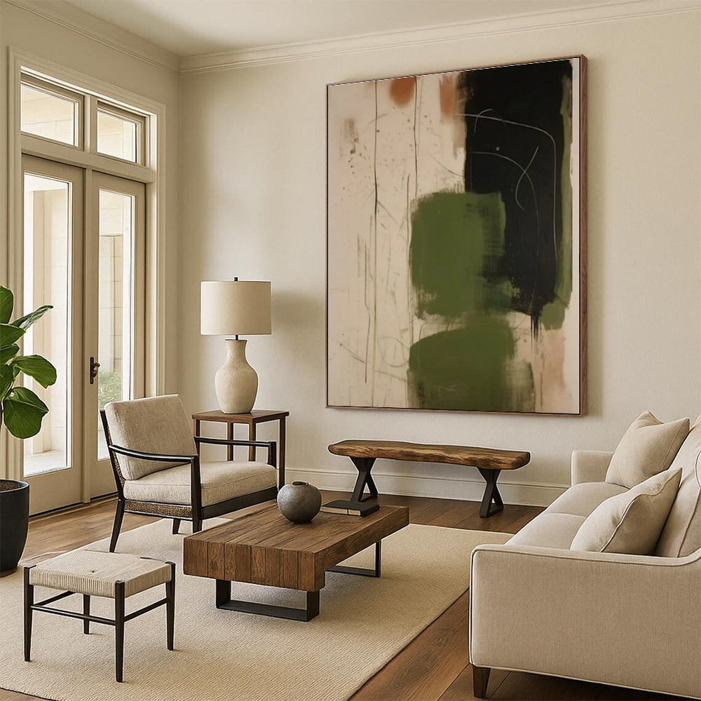 “Green, Black, and Earth Tones”，Abstract Expressive Acrylic Painting CT0533