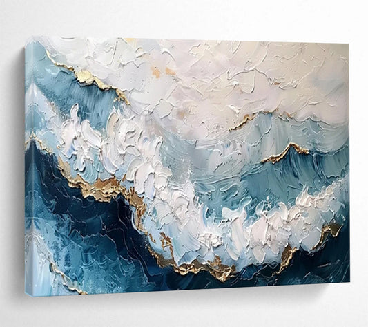 “Textured Ocean Gold” - Blues, whites, golds; thick, impasto ocean waves with metallic accents CT1604