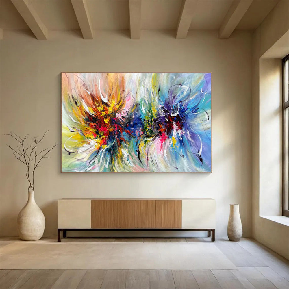 “Color Burst Flowers” - Colors like red, yellow, blue, and purple; freely blooming abstract flower clusters with flexible lines CT1529
