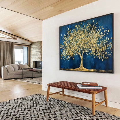 “Midnight Gold Tree” - Golds, deep blues; striking golden tree against a dark sky CT1620