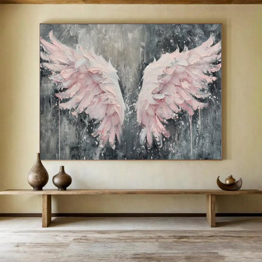 “Textured Pink Wings” - Pinks, grays; thick, sculptural pink wings against a dark background CT1618