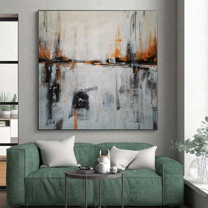 “Orange & Black Strokes on White: City Reflection” - Abstract Landscape Painting CT0384