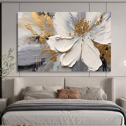 “Gilded Floral Elegance” – Whites, grays, golds in thick, textured flower petals CT1703