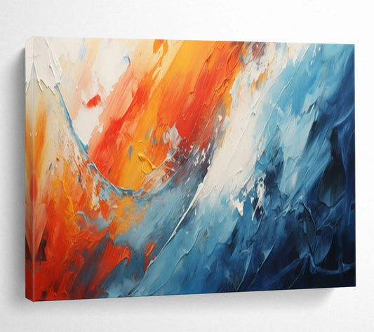 “Fiery Ocean Clash” – Oranges, reds, blues in bold, thick acrylic waves CT1704