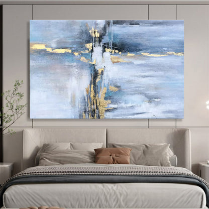 “Blue - Gold Abstract Streaks” - Blues, whites, golds; fluid, streaked abstraction with metallic accents CT1631
