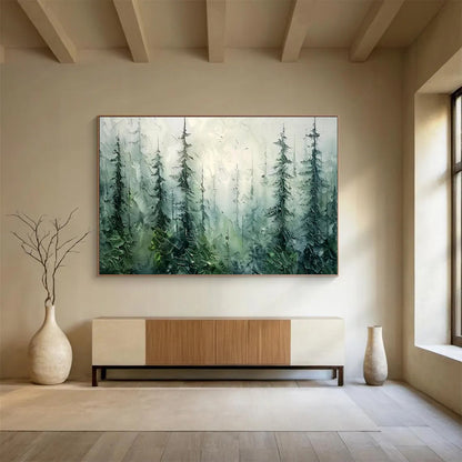 “Misty Forest Whispers” - Greens, blues, whites; textured, atmospheric forest scene CT1600