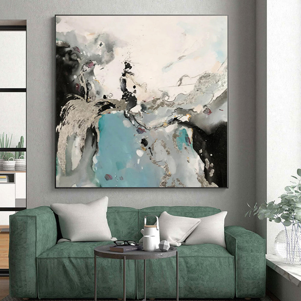 “Black, White, and Blue with Metallic Accents”，Ethereal Abstract Painting CT0365