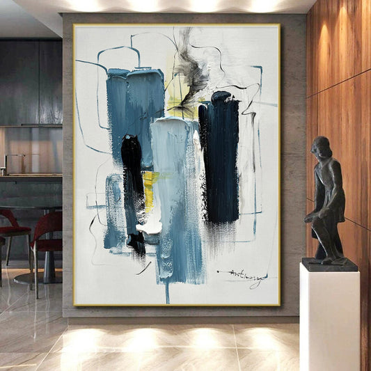 “Blue - Toned Abstract Forms with Lines”，Abstract Contemporary Acrylic Painting CT0516