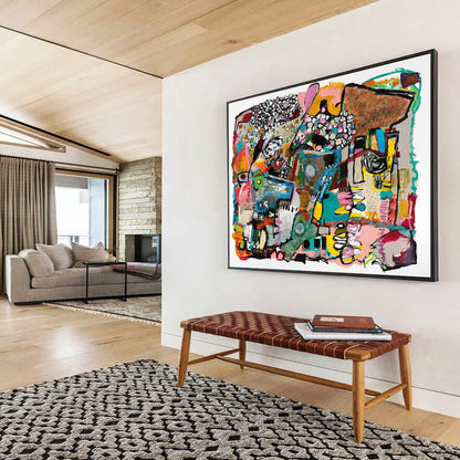 Colorful, complex abstract composition with various shapes and patterns CT1656