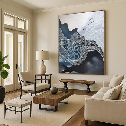 “Dark and Light Wavy White Lines”，Contrast - Focused Abstract Painting CT0358