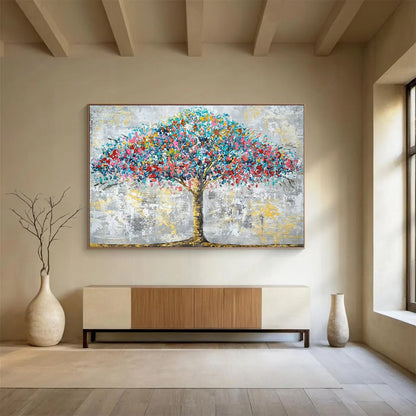 “Colorburst Tree of Life” - Blues, reds, pinks, yellows; vibrant, textured tree against a muted background CT1598