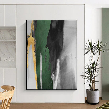 “Green - Black - Gold Dynamic Strokes”，Abstract Expressionist Art CT0637