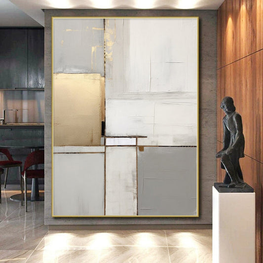 “Gold, Gray & White Blocks: Elegant Abstraction” - Abstract Elegant Painting CT0390
