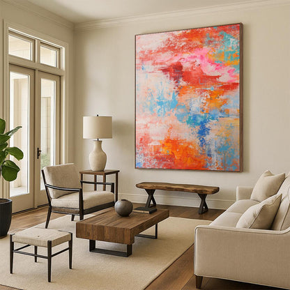 “Vibrant Abstract Chaos” - Abstract Work with Red, Orange, Blue, Pink, White CT0031