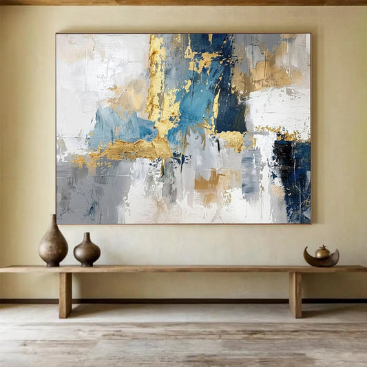 “Gold - Accented Urban Abstract” - Blues, grays, golds; bold, textured geometric abstraction CT1602