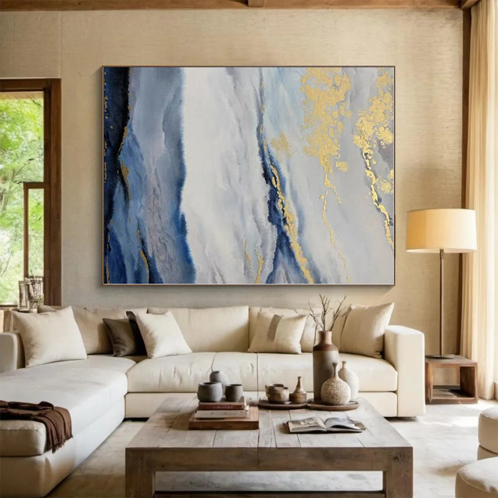 “Blue - White Clouds with Gold Streaks”，Abstract Landscape Acrylic Painting CT0584
