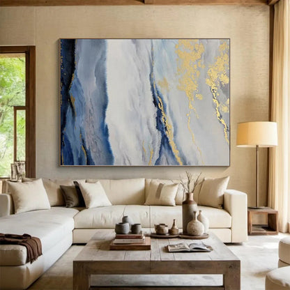 “Blue - White Clouds with Gold Streaks”，Abstract Landscape Acrylic Painting CT0584