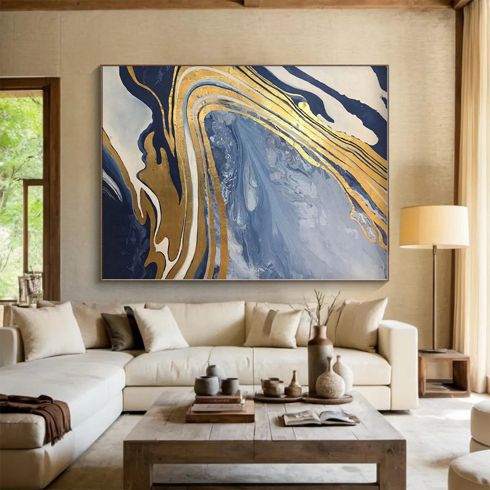 “Gold - Streaked Blue Swirls”，Marble - Inspired Abstract Resin Art CT0564