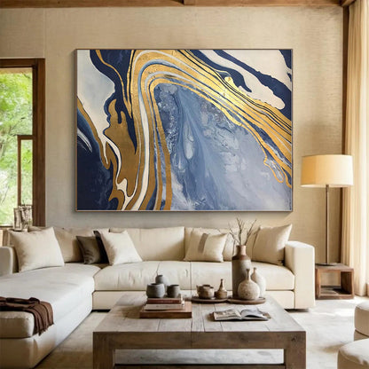 “Gold - Streaked Blue Swirls”，Marble - Inspired Abstract Resin Art CT0564