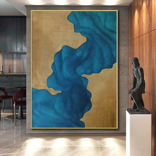 “Fluid Blue on Gold” Abstract Acrylic Art CT0343