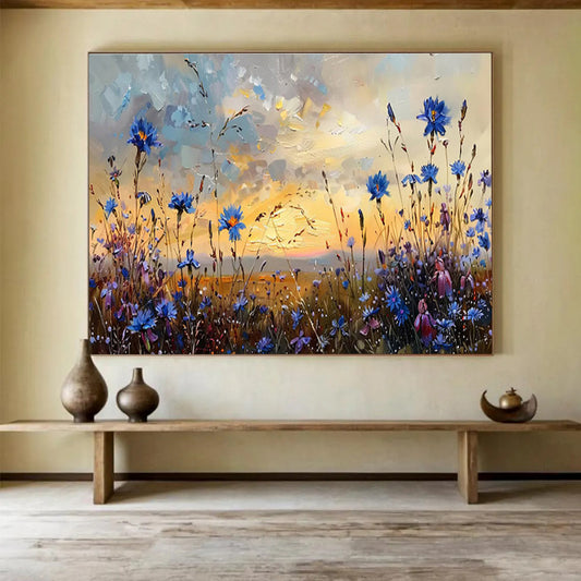 “Dusk Meadow Blues” - Blue, Purple, Orange Floral & Sky Impressionistic Painting On Canvas DKH698