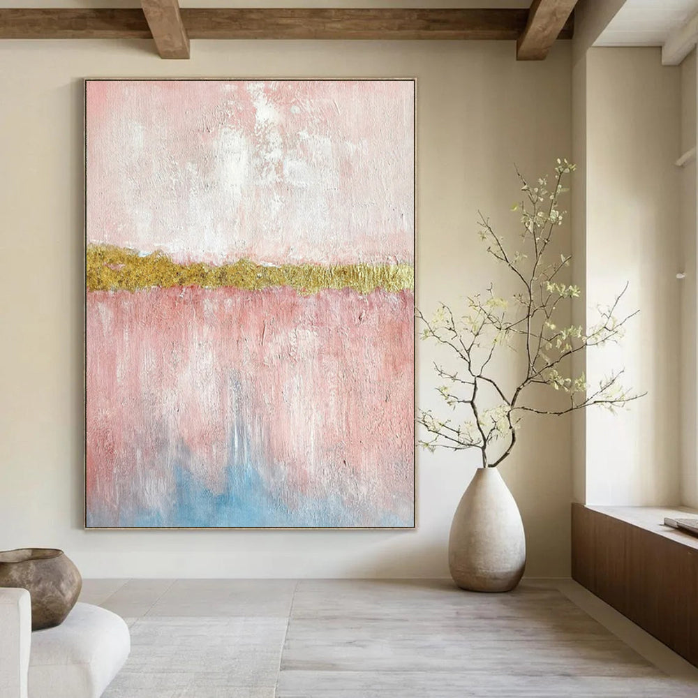 Pink & Gold Abstract Divide - Minimalist Abstract Painting On Canvas CT2288