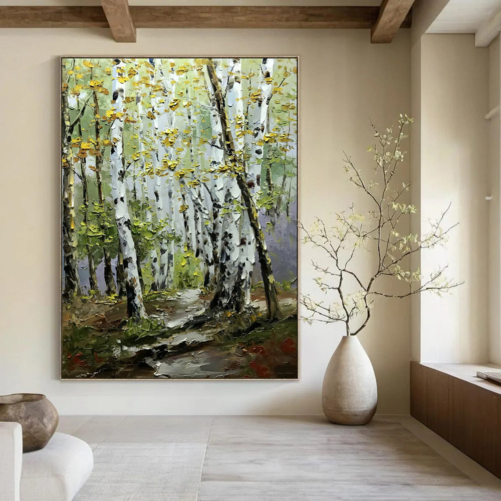 “Golden - Hued Birch Forest Path” – Impasto Landscape Oil CT2093