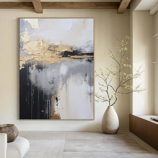 Black - White - Gold Abstract Drips - Abstract Expressionist Acrylic Painting CT1399