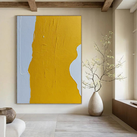 “Yellow, Gray, White Bold Shape ‘Sunny Simplicity’” - Textured Abstract Painting On Canvas DTP351
