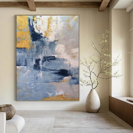 “Blue - Gold Abstract Cascade” - Blue, Gold, Gray Abstract Painting On Canvas DTP253