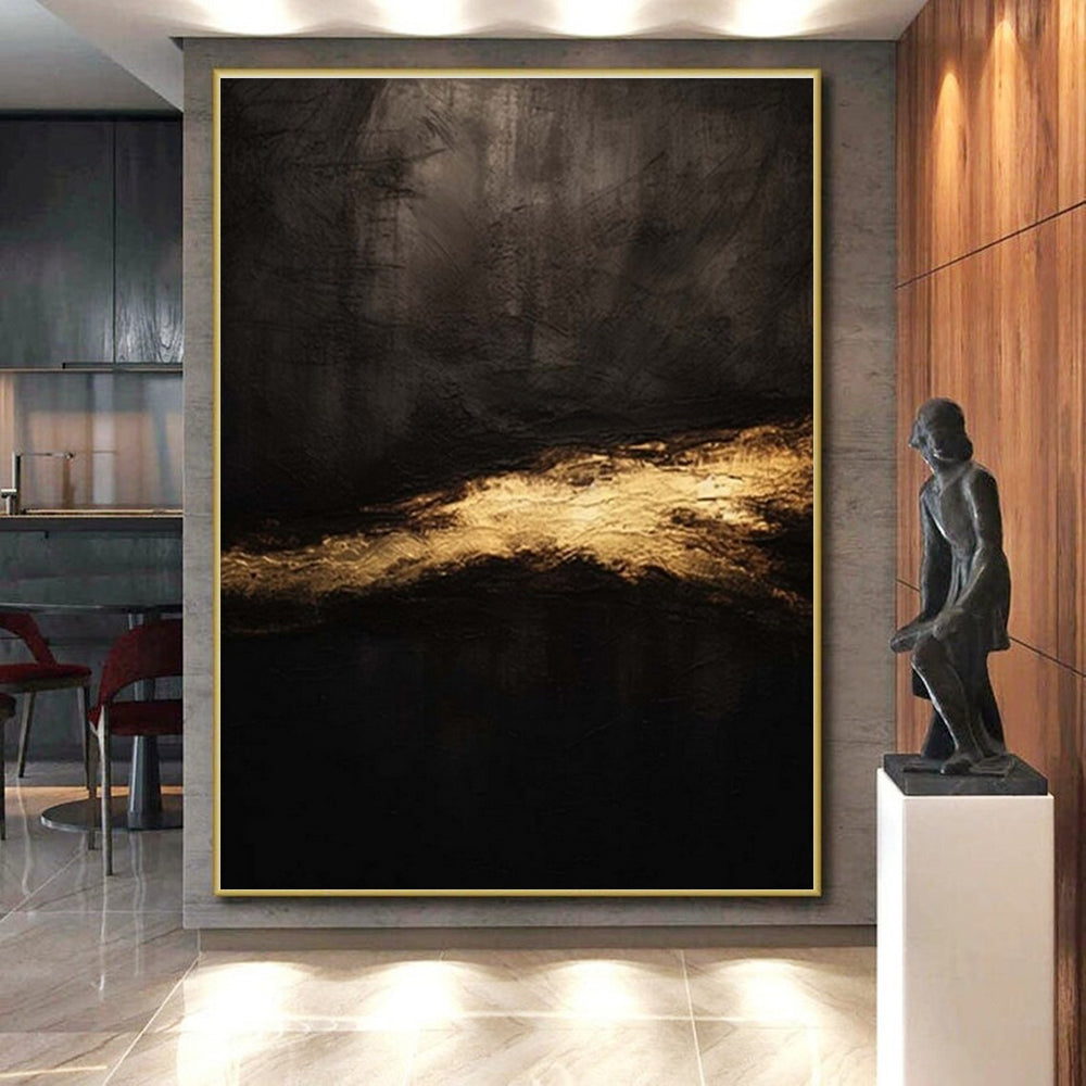 “Dark Textures, Gleaming Gold Streak” - “Midnight Gleam”，Abstract Oil Painting CT0686