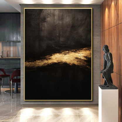 “Dark Textures, Gleaming Gold Streak” - “Midnight Gleam”，Abstract Oil Painting CT0686
