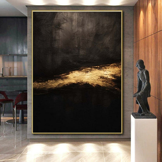 “Dark Textures, Gleaming Gold Streak” - “Midnight Gleam”，Abstract Oil Painting CT0686
