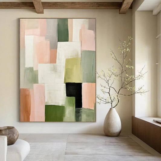 Neutral & Green Geometric Blocks - Modernist Geometry - Based Painting On Canvas CT2260