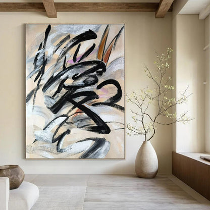 Black Calligraphic Swirls - Abstract Calligraphic Acrylic On Canvas CT1325