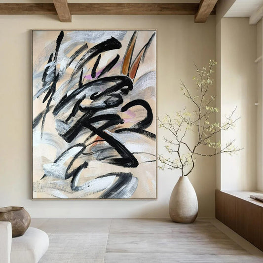 Black Calligraphic Swirls - Abstract Calligraphic Acrylic On Canvas CT1325