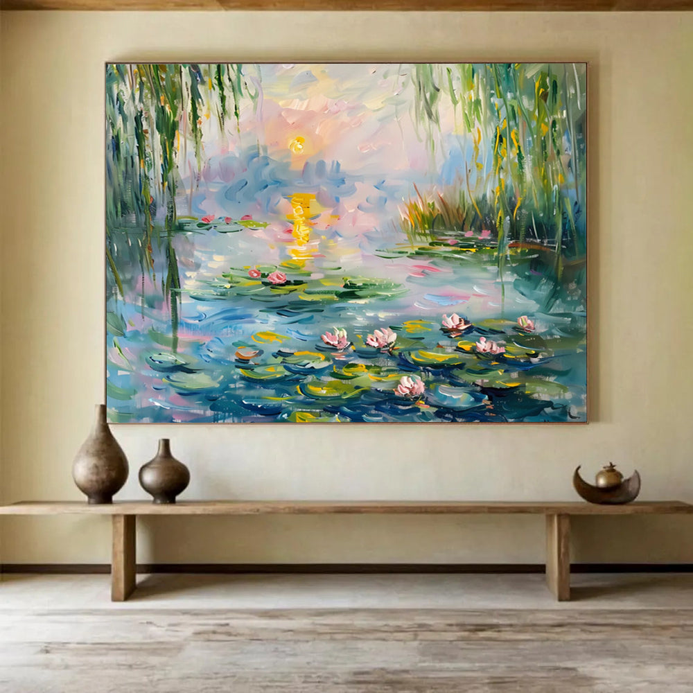 Water Lilies at Sunset - Impressionist Landscape Painting On Canvas DLZ194