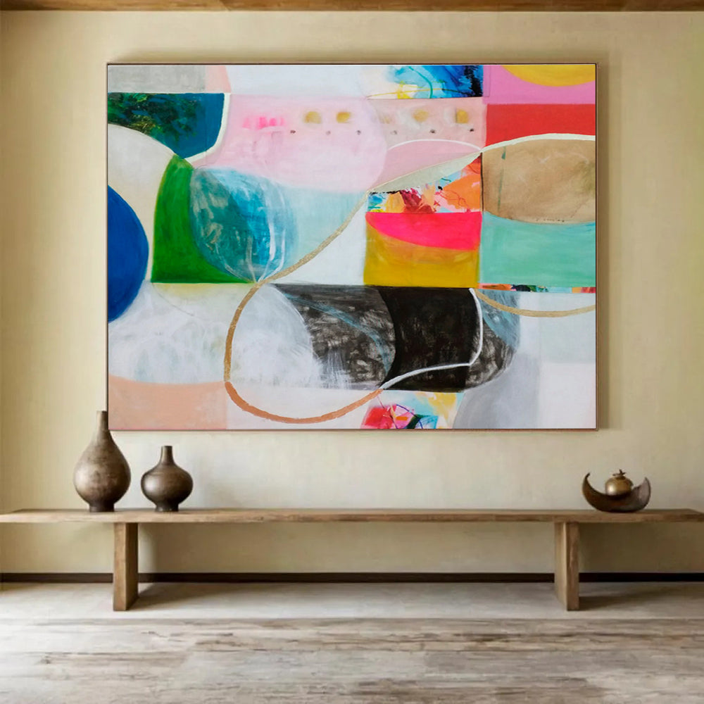 Abstract with Color Blocks and Curves - Harmonious Hues and Flowing Forms Painting On Canvas DKH069