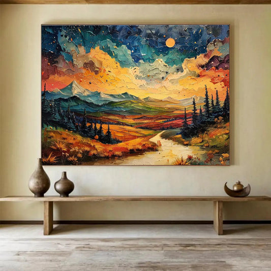 “Vibrant Mountain Sunset”：Colorful Impasto Landscape Painting On Canvas DKH252