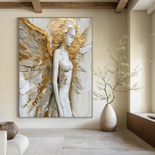 “Golden - Accented Angel Figure” – Textured Religious - Inspired Oil Painting On Canvas CT2138