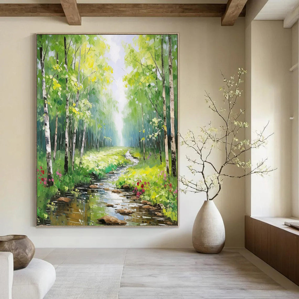 Sunlit Forest Stream - Landscape Oil Painting On Canvas DKH1266