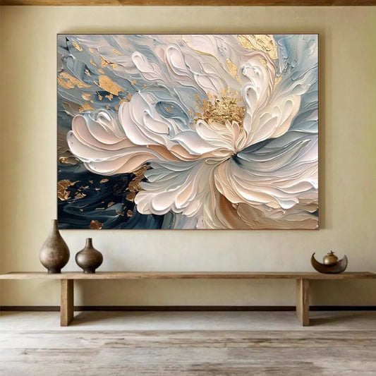 Elegant White - Gold Floral Painting On Canvas DKH682